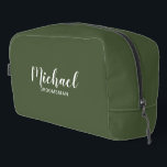 Modern Script Personalized Groomsmen Dopp Kit<br><div class="desc">Modern Script Personalized Groomsmen Gift
featuring personalized groomsman's name in white modern script font style with title and wedding date in modern sans serif font style on olive green background.

Also perfect for bridesmaid,  maid of honour,  flower girl,  mother of the bride,  best man and more.</div>