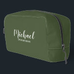 Modern Script Personalized Groomsmen Dopp Kit<br><div class="desc">Modern Script Personalized Groomsmen Gift
featuring personalized groomsman's name in white modern script font style with title and wedding date in modern sans serif font style on olive green background.

Also perfect for bridesmaid,  maid of honour,  flower girl,  mother of the bride,  best man and more.</div>
