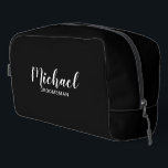 Modern Script Personalized Groomsmen Dopp Kit<br><div class="desc">Modern Script Personalized Groomsmen Gift
featuring personalized groomsman's name in white modern script font style with title and wedding date in modern sans serif font style on black background.

Also perfect for bridesmaid,  maid of honour,  flower girl,  mother of the bride,  best man and more.</div>