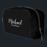 Modern Script Personalized Groomsmen Dopp Kit<br><div class="desc">Modern Script Personalized Groomsmen Gift
featuring personalized groomsman's name in white modern script font style with title and wedding date in modern sans serif font style on black background.

Also perfect for bridesmaid,  maid of honour,  flower girl,  mother of the bride,  best man and more.</div>