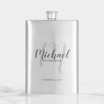 Modern Script Personalized Groomsmen Hip Flask<br><div class="desc">Add a personal touch to your wedding with personalized groomsmen flask. This flask features personalized groomsman's name in grey modern script font style and monogram in light grey modern script font style as background with title and wedding date in grey modern sans serif font style. Also perfect for best man,...</div>