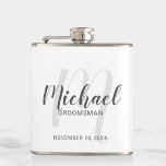 Modern Script Personalized Groomsmen Hip Flask<br><div class="desc">Add a personal touch to your wedding with personalized groomsmen flask. This flask features personalized groomsmen's name in grey modern script font style and monogram in light grey modern script font style as background with title and wedding date in grey modern sans serif font style. Also perfect for best man,...</div>