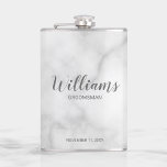 Modern Script Personalized Groomsmen Hip Flask<br><div class="desc">Modern Script Personalized Groomsmen Flask featuring personalized groomsman's name in grey modern script font style with title and wedding date in modern sans serif font style on white marble background. Also perfect for Father of the Bride, Best man and more. Please note: The marble details are simulated in the artwork....</div>