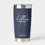 Modern Script Personalized Groomsmen Insulated Tum Insulated Tumbler<br><div class="desc">Modern Minimalist Personalized Monogram and Name Gifts This design features personalized name in white modern handwriting script font style and monogram in light navy blue modern sans serif font style as background, with wedding details in white modern sans serif font style on navy blue background. Also perfect for best man,...</div>