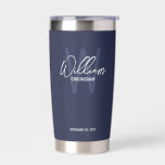 Modern Script Personalized Groomsmen Insulated Tum Insulated Tumbler<br><div class="desc">Modern Minimalist Personalized Monogram and Name Gifts This design features personalized name in white modern handwriting script font style and monogram in light navy blue modern sans serif font style as background, with wedding details in white modern sans serif font style on navy blue background. Also perfect for best man,...</div>