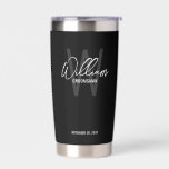 Modern Script Personalized Groomsmen Insulated Tumbler<br><div class="desc">Modern Minimalist Personalized Monogram and Name Gifts This design features personalized name in white modern handwriting script font style and monogram in light grey modern sans serif font style as background, with wedding details in white modern sans serif font style on black background. Also perfect for best man, maid of...</div>