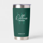 Modern Script Personalized Groomsmen Insulated Tumbler<br><div class="desc">Modern Minimalist Personalized Monogram and Name Gifts This design features personalized name in white modern handwriting script font style and monogram in light emerald green modern sans serif font style as background, with wedding details in white modern sans serif font style on emerald green background. Also perfect for best man,...</div>