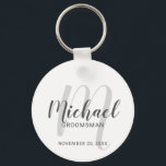 Modern Script Personalized Groomsmen Keychain<br><div class="desc">Add a personal touch to your wedding with personalized groomsmen keychain. This keychain features personalized groomsmen's name in grey modern script font style and monogram in light grey modern script font style as background with title and wedding date in grey modern sans serif font style on white background. Also perfect...</div>