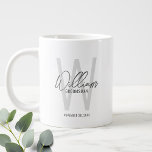 Modern Script Personalized Groomsmen Large Coffee Mug<br><div class="desc">Modern Minimalist Personalized Monogram and Name Gifts This design features personalized name in grey modern handwriting script font style and monogram in light grey modern sans serif font style as background, with wedding details in grey modern sans serif font style, on white background. Also perfect for best man, maid of...</div>