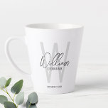 Modern Script Personalized Groomsmen Latte Mug<br><div class="desc">Modern Minimalist Personalized Monogram and Name Gifts This design features personalized name in grey modern handwriting script font style and monogram in light grey modern sans serif font style as background, with wedding details in grey modern sans serif font style, on white background. Also perfect for best man, maid of...</div>