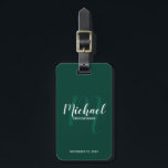 Modern Script Personalized Groomsmen Luggage Tag<br><div class="desc">Add a personal touch to your wedding with personalized groomsmen luggage tag. This luggage tag features personalized groomsmen's name in white modern script font style and monogram in light emerald green modern script font style as background with title and wedding date in white modern sans serif font style on emerald...</div>