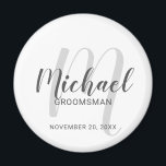Modern Script Personalized Groomsmen Magnet<br><div class="desc">Add a personal touch to your wedding with personalized groomsmen magnet. This magnet features personalized groomsmen's name in grey modern script font style and monogram in light grey modern script font style as background with title and wedding date in grey modern sans serif font style on white background. Also perfect...</div>