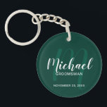 Modern Script Personalized Groomsmen Monogram&Name Keychain<br><div class="desc">Add a personal touch to your wedding with personalized groomsmen keychain. This keychain features personalized groomsmen's name in white modern script font style and monogram in light emerald green modern script font style as background with title and wedding date in white modern sans serif font style on emerald green background....</div>