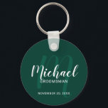 Modern Script Personalized Groomsmen Monogram&Name Keychain<br><div class="desc">Add a personal touch to your wedding with personalized groomsmen keychain. This keychain features personalized groomsmen's name in white modern script font style and monogram in light emerald green modern script font style as background with title and wedding date in white modern sans serif font style on emerald green background....</div>