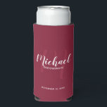 Modern Script Personalized Groomsmen Seltzer Can C Cooler<br><div class="desc">Add a personal touch to your wedding with personalized groomsmen can cooler. This can cooler features personalized groomsmen's name in white modern script font style and monogram in light burgundy red modern script font style as background with title and wedding date in white modern sans serif font style on burgundy...</div>