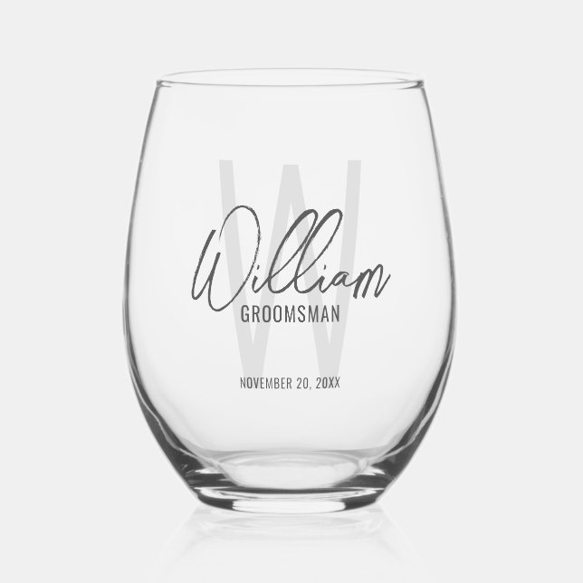 Modern Script Personalized Groomsmen Stemless Wine Glass (Front)