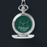 Modern Script Personalized Groomsmen Watch<br><div class="desc">Add a personal touch to your wedding with personalized groomsmen gift. This design features personalized groomsmen's name in white modern script font style and monogram in light emerald green modern script font style as background with title and wedding date in white modern sans serif font style on emerald green background....</div>