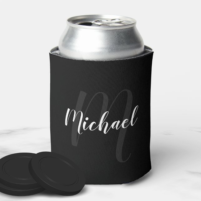 Modern Script Personalized Monogram and Name Black Can Cooler (Creator Uploaded)