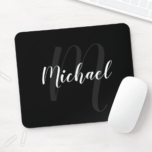 Modern Script Personalized Monogram and Name Black Mouse Pad