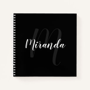 Modern Script Personalized Monogram and Name Black Notebook