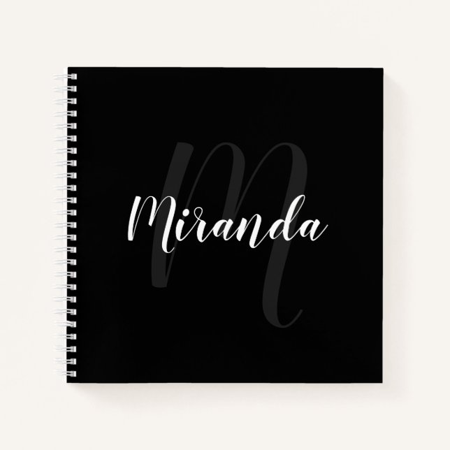 Modern Script Personalized Monogram and Name Black Notebook (Front)
