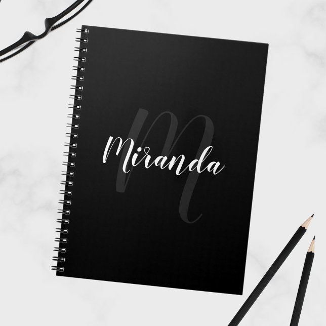 Modern Script Personalized Monogram and Name Black Notebook (Creator Uploaded)