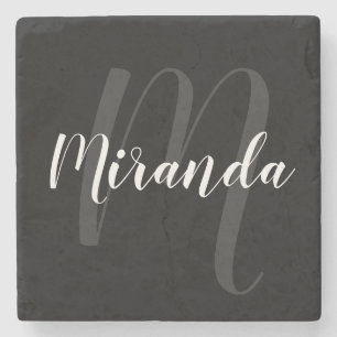 Modern Script Personalized Monogram and Name Black Stone Coaster