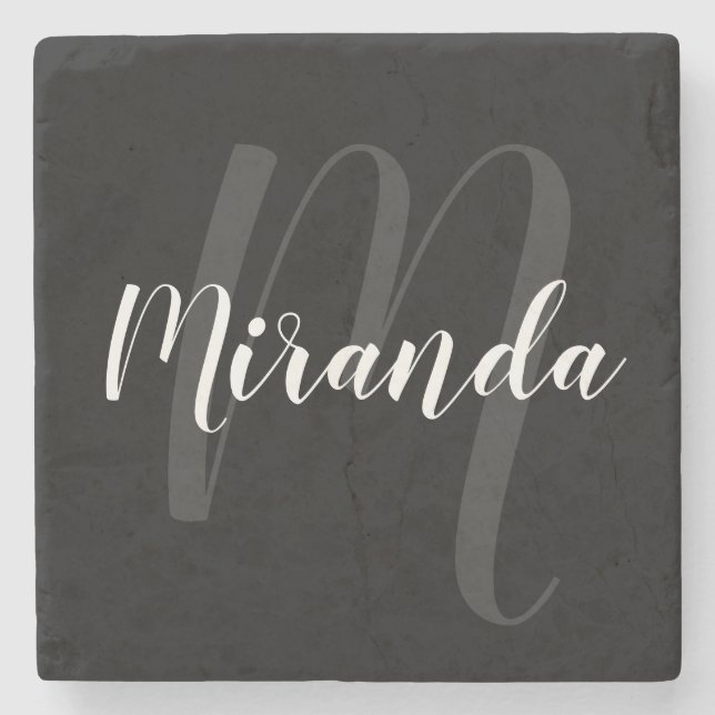 Modern Script Personalized Monogram and Name Black Stone Coaster (Front)
