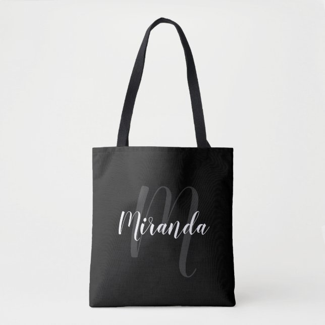 Modern Script Personalized Monogram and Name Black Tote Bag (Front)