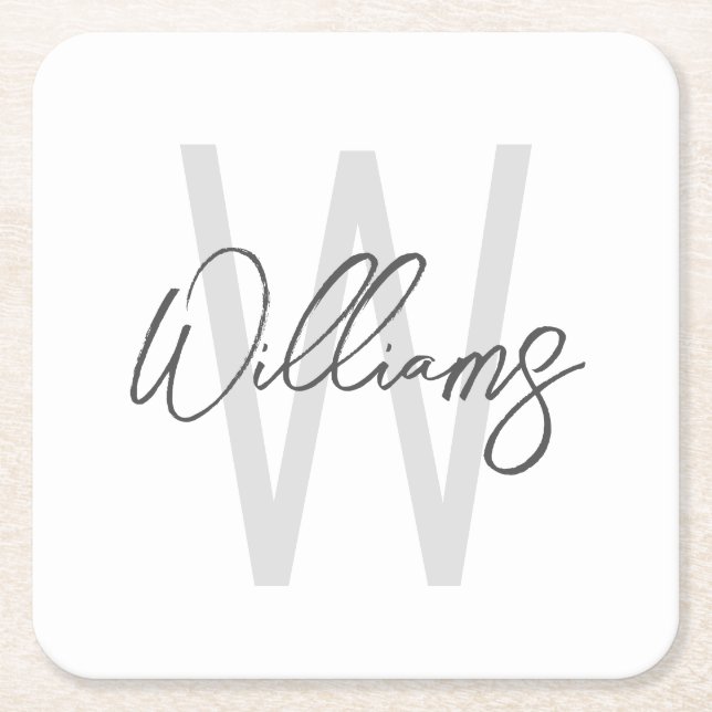 Modern Script Personalized Monogram and Name Square Paper Coaster (Front)