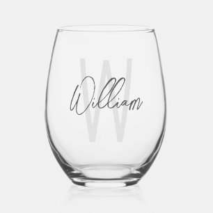 Modern Script Personalized Monogram and Name Stemless Wine Glass