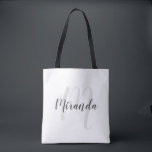 Modern Script Personalized Monogram and Name Tote Bag<br><div class="desc">Personalized Monogram and Name Gift
featuring personalized name in grey modern script font style and monogram in light grey modern script font style as background
on white background.

Perfect as holiday gift,  family reunion favours,  thank you gift for bridesmaids and gift for any special occasions.</div>