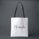 Modern Script Personalized Monogram and Name Tote Bag<br><div class="desc">Personalized Monogram and Name Gift
featuring personalized name in grey modern script font style and monogram in light grey modern script font style as background
on white background.
Perfect as holiday gift,  family reunion favours,  thank you gift for bridesmaids and gift for any special occasions.</div>