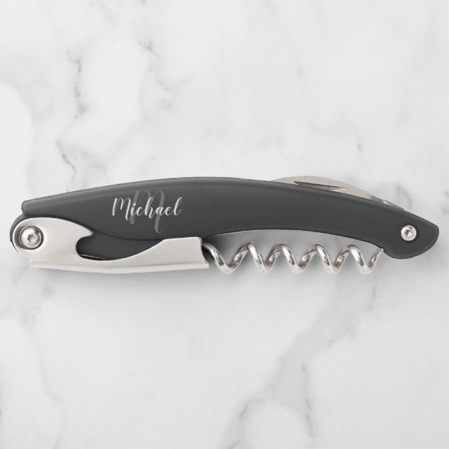 Modern Script Personalized Monogram and Name Waite Corkscrew (Front)