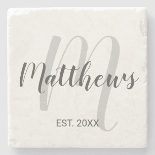 Modern Script Personalized Monogram & Family Name Stone Coaster