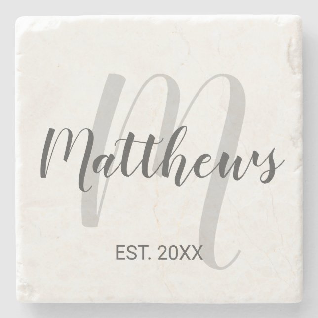 Modern Script Personalized Monogram & Family Name Stone Coaster (Front)
