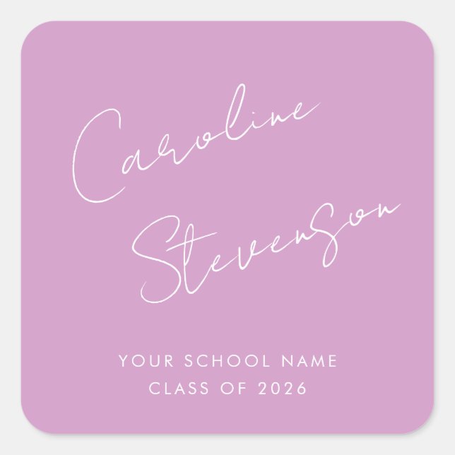 Modern Script Personalized Name Graduation Purple Square Sticker (Front)