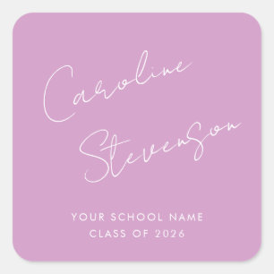 Modern Script Personalized Name Graduation Purple Square Sticker
