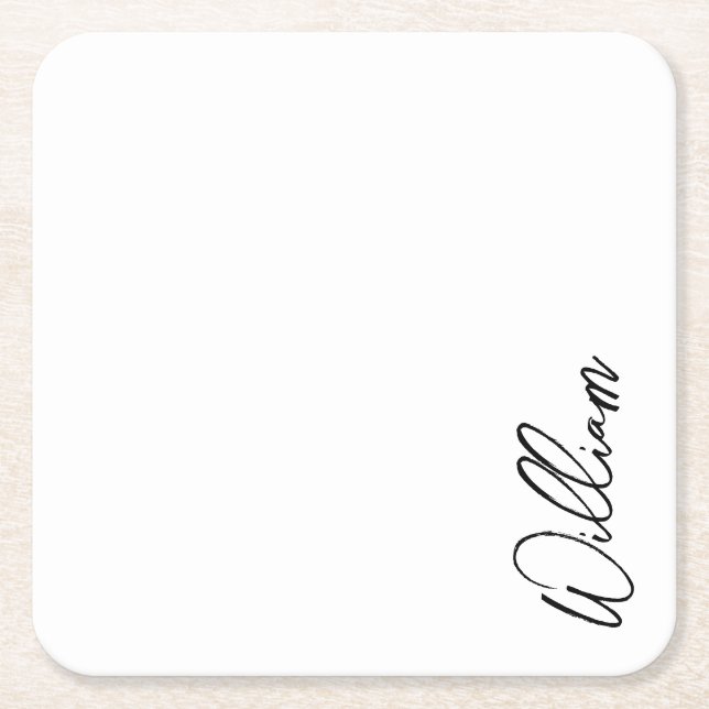 Modern Script Personalized Name Square Paper Coaster (Front)