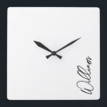 Modern Script Personalized Name Square Wall Clock<br><div class="desc">Modern Minimalist Personalized Name Gifts
This design features personalized name in black modern handwriting script font on white background.</div>
