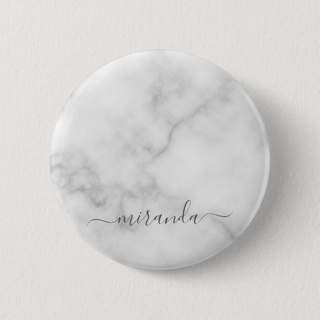 Modern Script Personalized Name White Marble 2 Inch Round Button (Front)