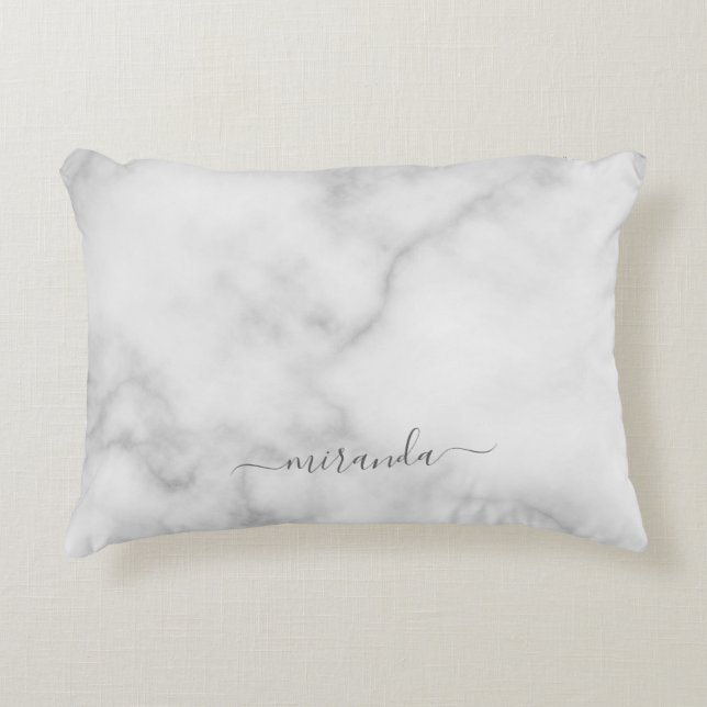 Modern Script Personalized Name White Marble Accent Pillow (Front)