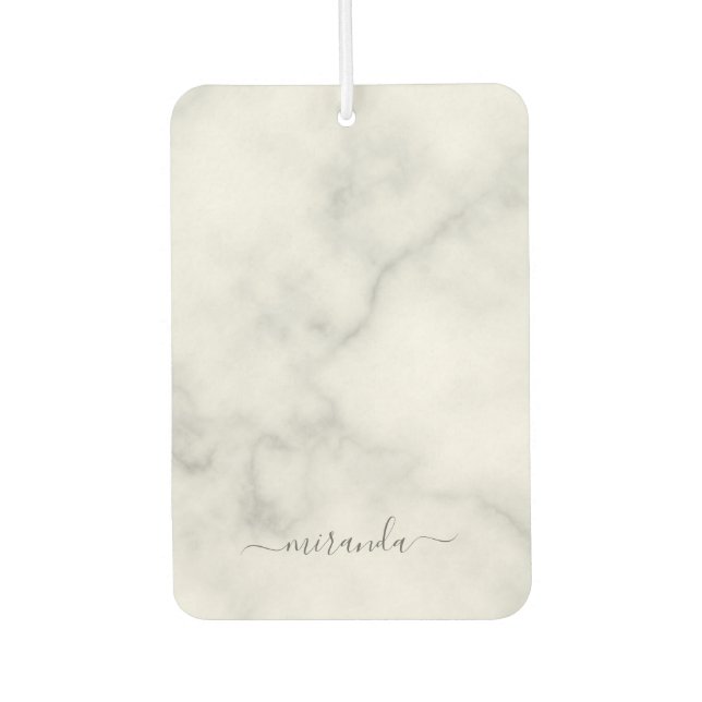 Modern Script Personalized Name White Marble Air Freshener (Front)