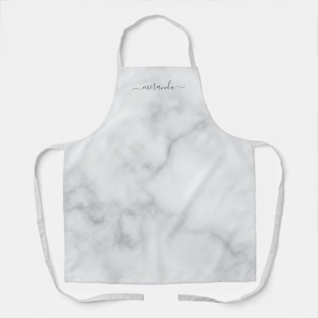 Modern Script Personalized Name White Marble Apron (Front)