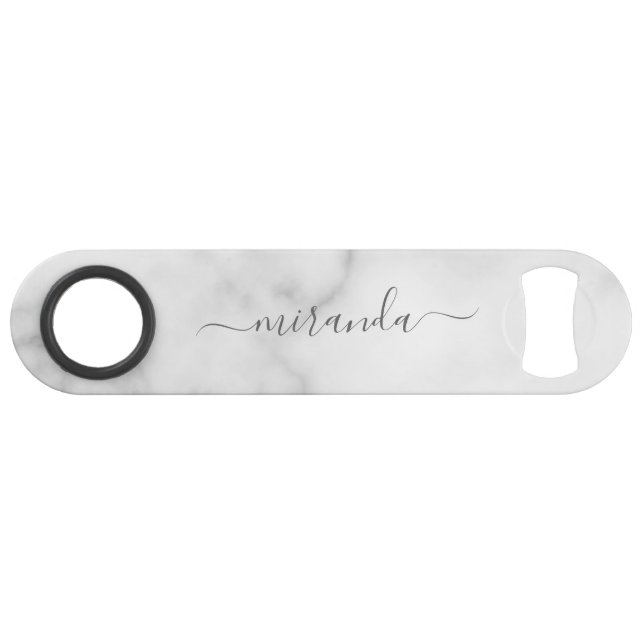 Modern Script Personalized Name White Marble Bar Key (Front (Horizontal))