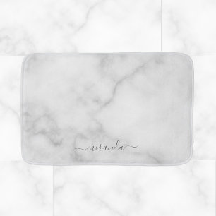 Modern Script Personalized Name White Marble Bath Mat