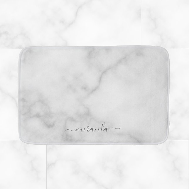 Modern Script Personalized Name White Marble Bath Mat (Creator Uploaded)