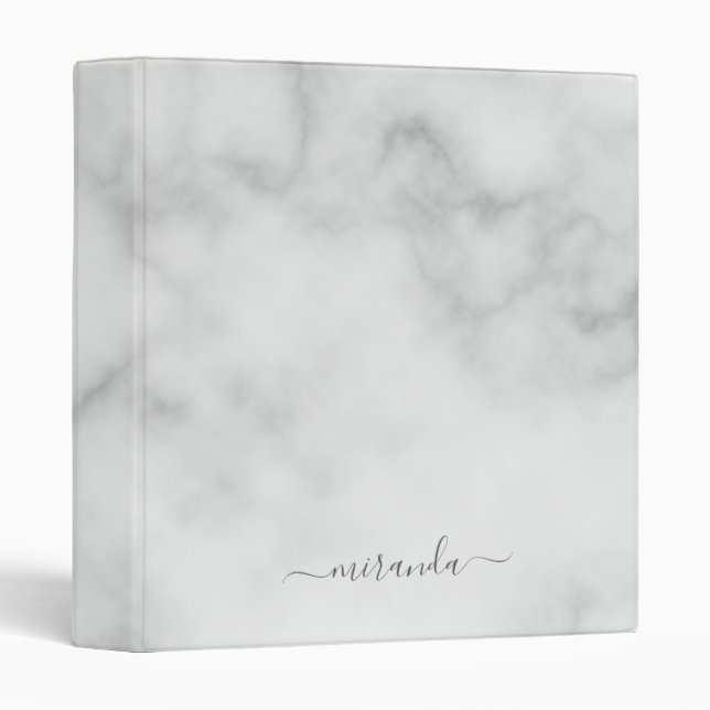 Modern Script Personalized Name White Marble Binder (Front/Spine)