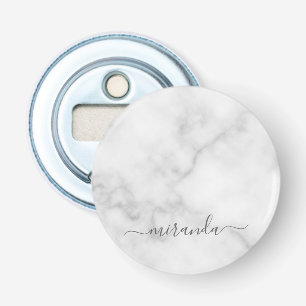 Modern Script Personalized Name White Marble Bottle Opener