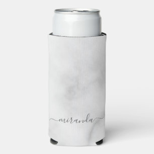 Modern Script Personalized Name White Marble Can C Seltzer Can Cooler